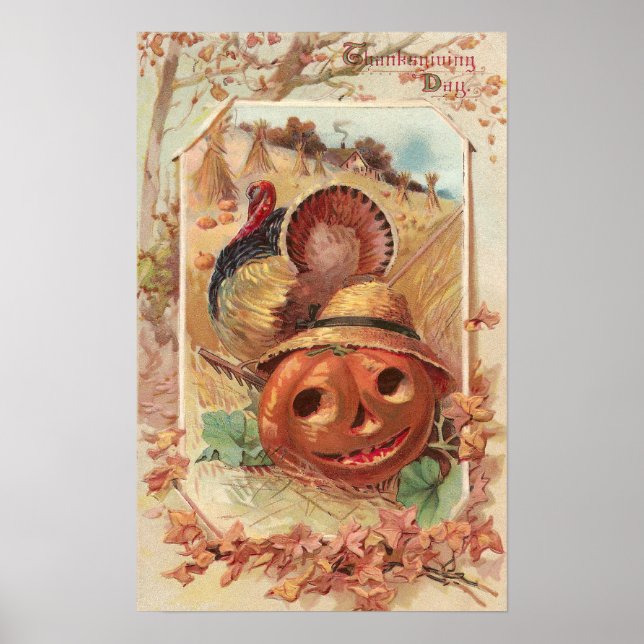Jack O'Lantern und der Türkei Vintager Erntedank Poster (Vorne)