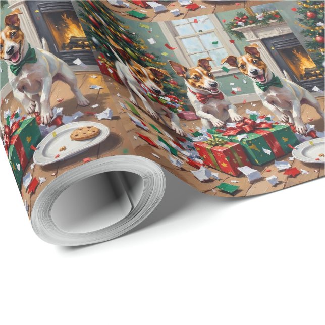 Jack Russell Christmas Present Unboxing Mayhem Geschenkpapier (Rolleneckpunkt)
