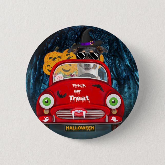 Jack Russell Dog Driving Car Beängstigend Hallowee Button (Vorderseite)