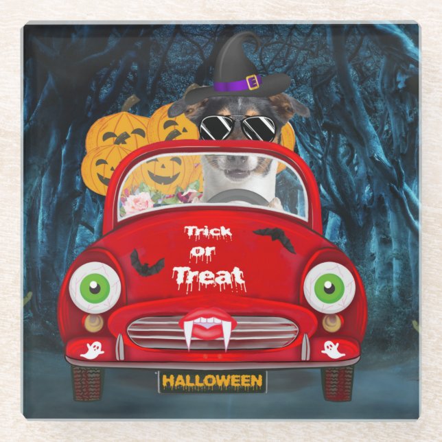 Jack Russell Dog Driving Car Beängstigend Hallowee Glasuntersetzer (Vorderseite)