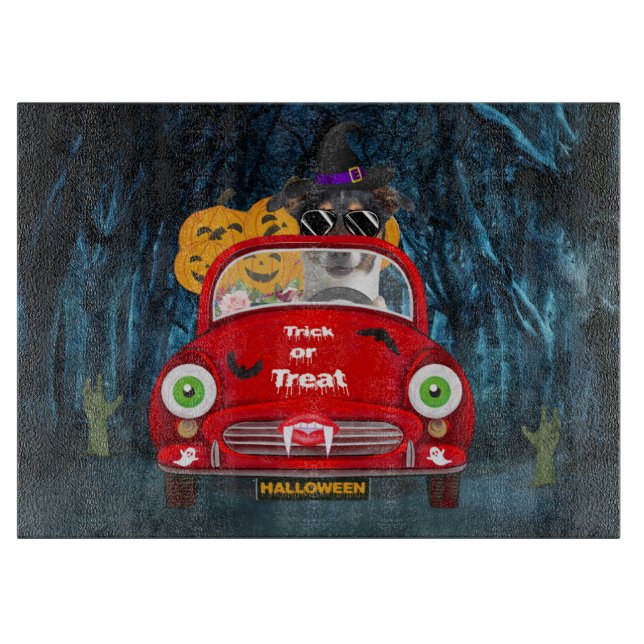 Jack Russell Dog Driving Car Beängstigend Hallowee Schneidebrett (Vorderseite)
