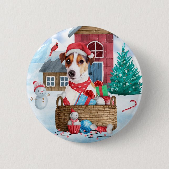 Jack Russell Dog Im Schnee Weihnachtshund Haus Button (Vorderseite)