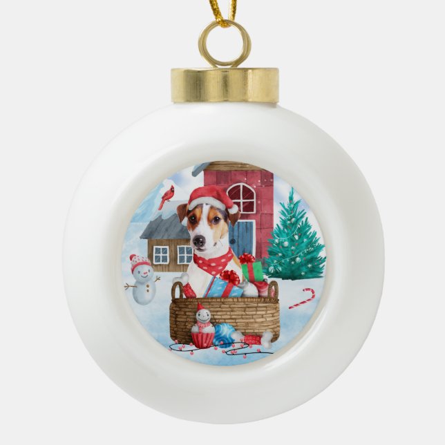 Jack Russell Dog Im Schnee Weihnachtshund Haus Keramik Kugel-Ornament (Vorderseite)