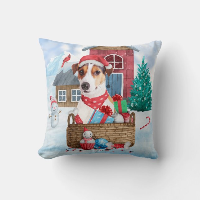 Jack Russell Dog Im Schnee Weihnachtshund Haus Kissen (Vorderseite)