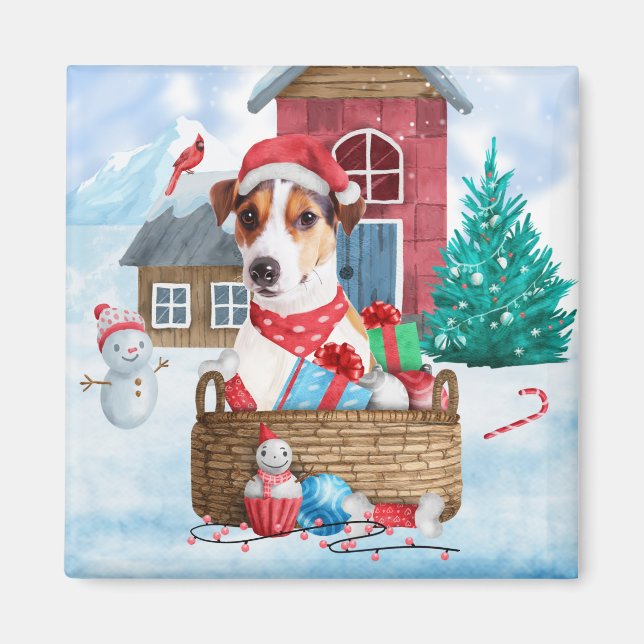 Jack Russell Dog Im Schnee Weihnachtshund Haus Magnet (Vorne)