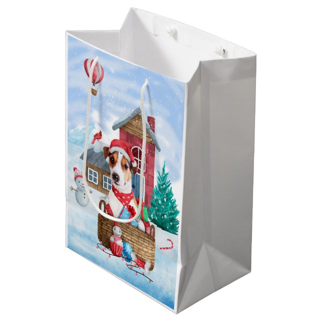 Jack Russell Dog Im Schnee Weihnachtshund Haus Mittlere Geschenktüte (Vorderseite Schrägansicht)