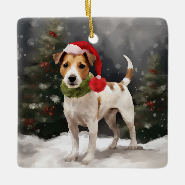 Jack Russell Dog in Schnee Weihnachten Keramikornament (Vorderseite)