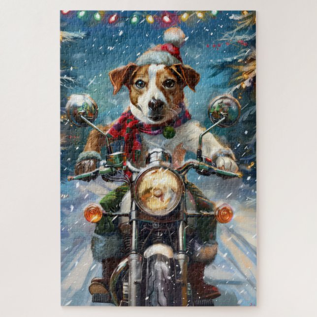 Jack Russell Dog Riding Motorrad Weihnachten (Vertikal)