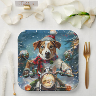Jack Russell Dog Riding Motorrad Weihnachten Pappteller
