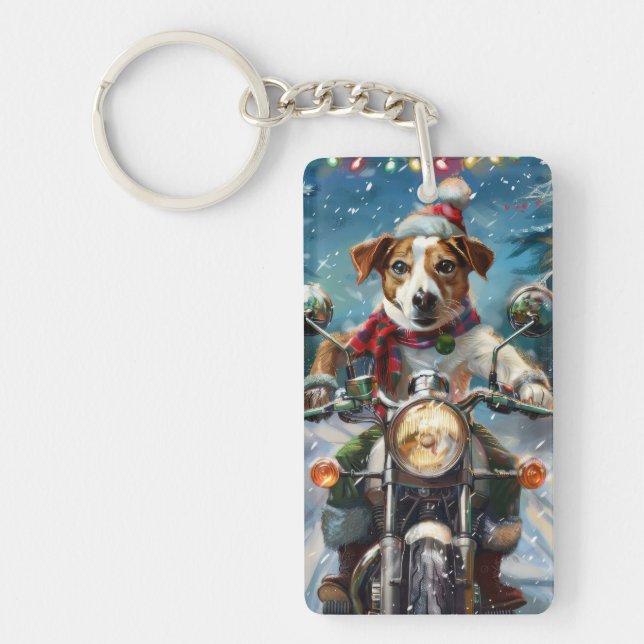 Jack Russell Dog Riding Motorrad Weihnachten Schlüsselanhänger (Vorderseite)