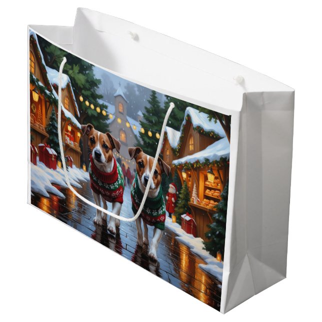 Jack Russell Dogs Christmas Snow Holiday Große Geschenktüte (Vorderseite Schrägansicht)