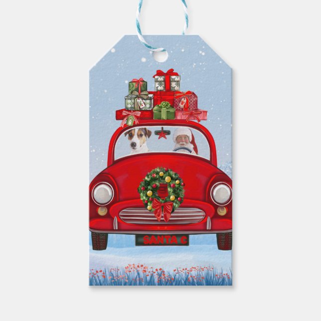 Jack Russell fährt mit dem Weihnachtsmann in Auto Geschenkanhänger (Vorderseite)