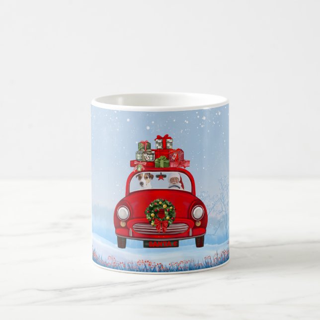 Jack Russell fährt mit dem Weihnachtsmann in Auto Kaffeetasse (Mittel)