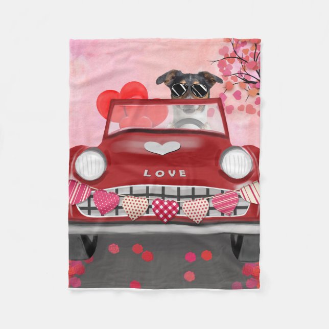 Jack Russell Hund Auto fahren Valentinstag Fleecedecke (Vorderseite)