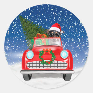 Jack Russell Hund fährt Auto im Schnee Weihnachten Runder Aufkleber