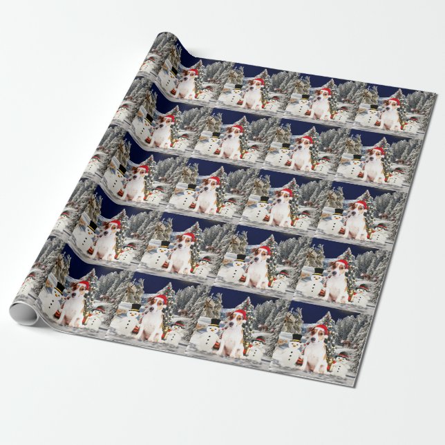 Jack Russell Hund im Schnee sitzen mit Weihnachtsm Geschenkpapier (Ungerollt)