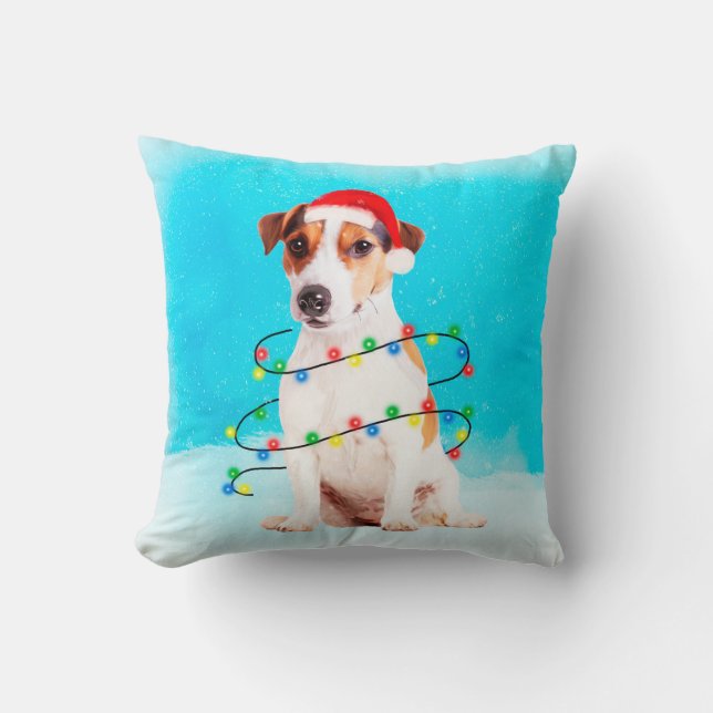 Jack Russell Hund im Schnee sitzen mit Weihnachtsm Kissen (Vorderseite)