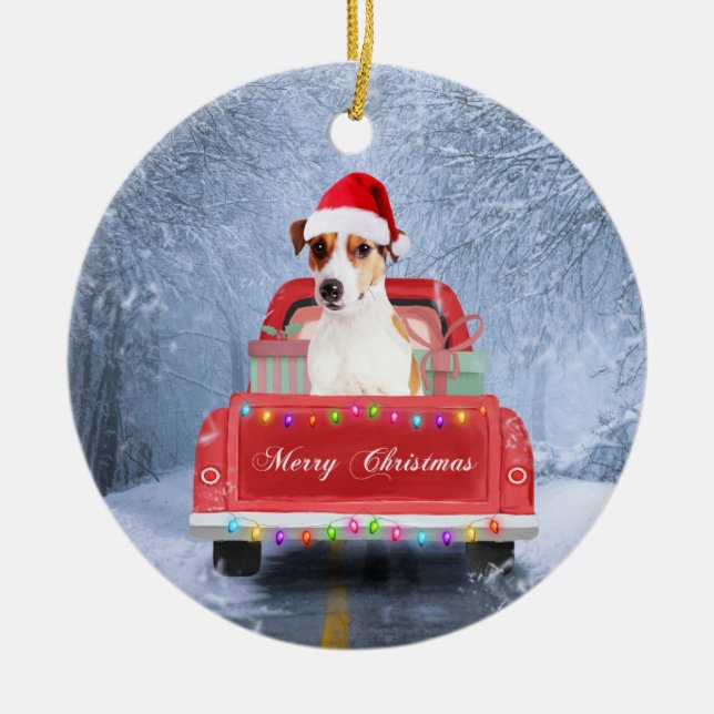 Jack Russell Hund im Schnee sitzen zu Weihnachten Keramik Ornament (Vorne)