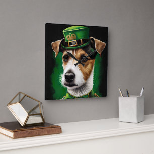 Jack Russell Hund im St. Patrick's Day Kleid Quadratische Wanduhr