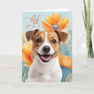Jack Russell Hund mit orangen Mohnblumen Dankeskarte