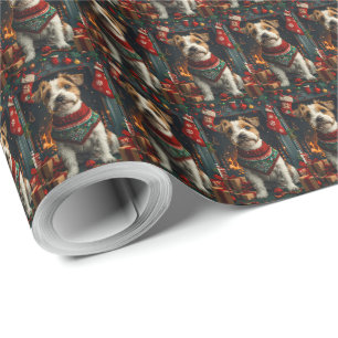 Jack-Russell-Hund mit Weihnachtsgeschenken am Kami Geschenkpapier