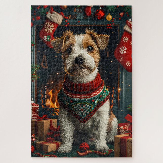 Jack Russell Hund mit Weihnachtsgeschenken Feuerpl (Vertikal)