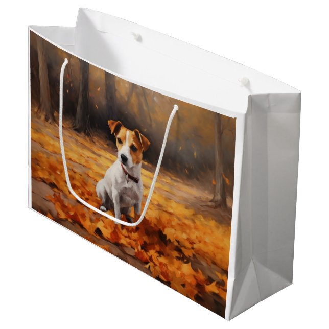 Jack Russell im Herbst Leaves Fall Inspiriert Große Geschenktüte (Vorderseite Schrägansicht)