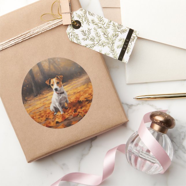 Jack Russell im Herbst Leaves Fall Inspiriert Runder Aufkleber (Schenken)