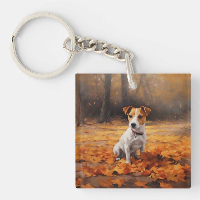 Jack Russell im Herbst Leaves Fall Inspiriert Schlüsselanhänger (Vorderseite)