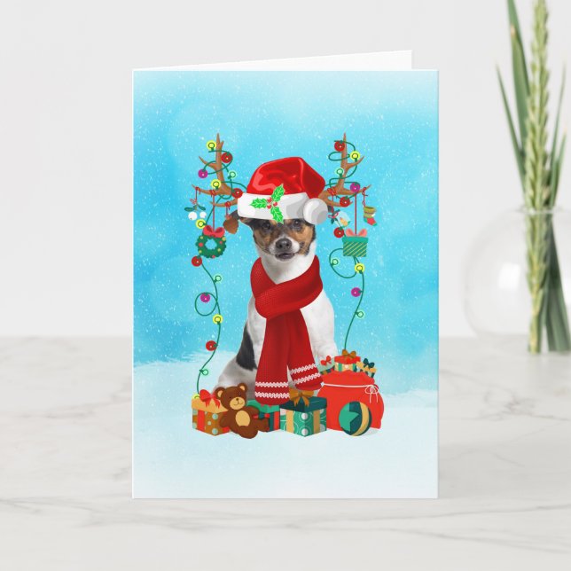 Jack Russell im Schnee mit Weihnachtsgeschenken Karte (Vorderseite)