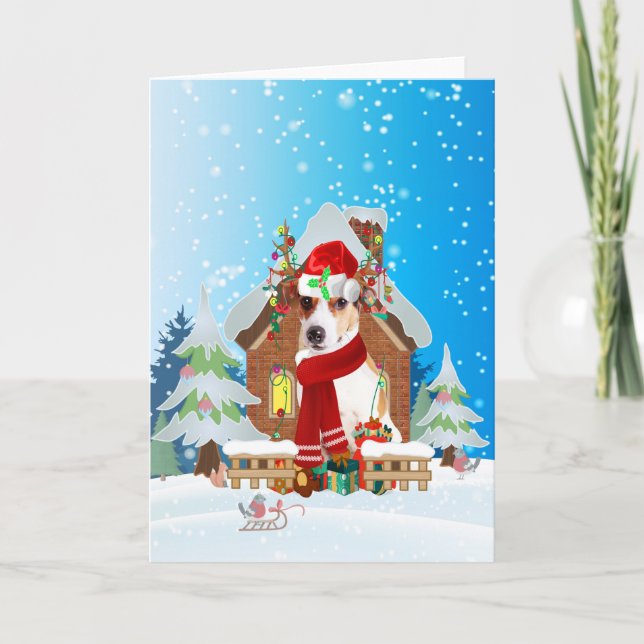 Jack Russell im Schnee mit Weihnachtsgeschenken Karte (Vorderseite)
