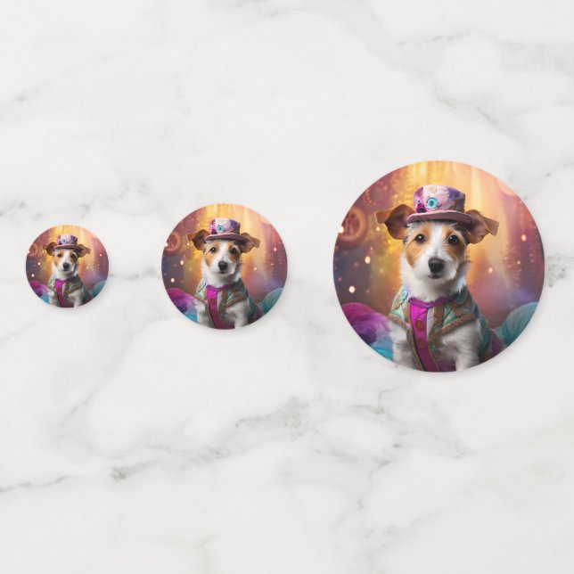 Jack Russell in farbenfrohen Kostümen Konfetti (Rückseiten)