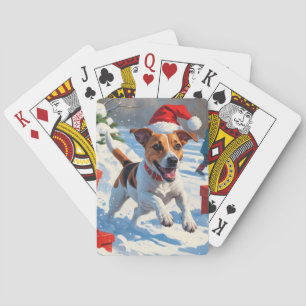 Jack Russell läuft im Schnee mit Weihnachtsmütze Spielkarten