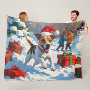 Jack Russell läuft in Snow mit Weihnachtsmütze Fleecedecke