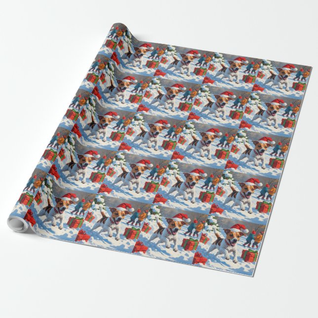 Jack Russell läuft in Snow mit Weihnachtsmütze Geschenkpapier (Ungerollt)