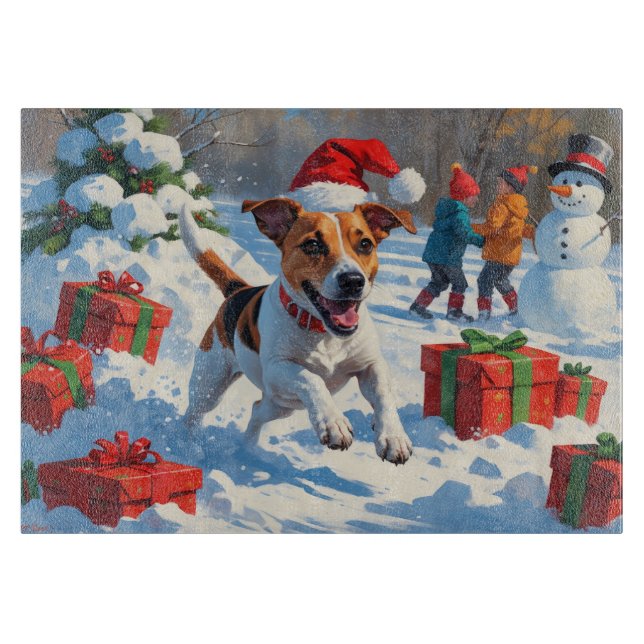 Jack Russell läuft in Snow mit Weihnachtsmütze Schneidebrett (Vorderseite)