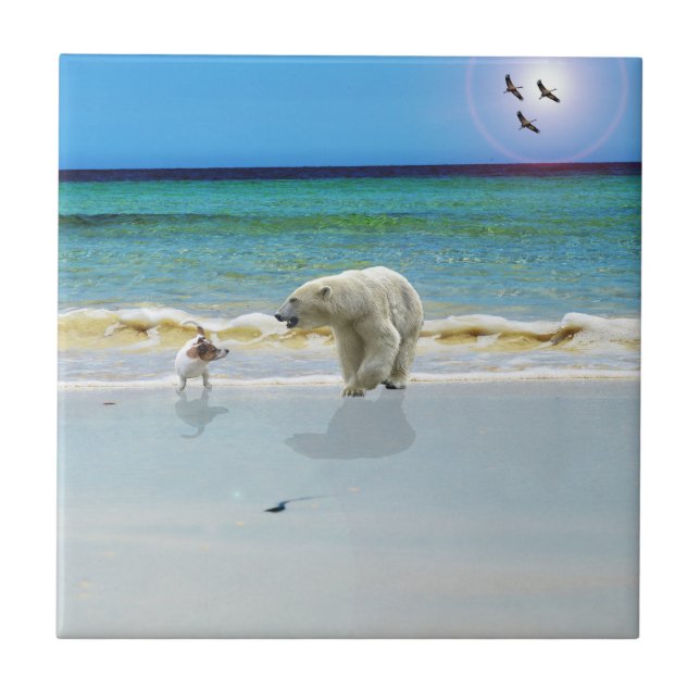 Jack Russell Meet Polar Bear, Keramik Tile Fliese (Vorderseite)