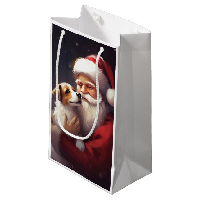 Jack Russell mit Weihnachtsmann Weihnachten Kleine Geschenktüte (Vorderseite Schrägansicht)