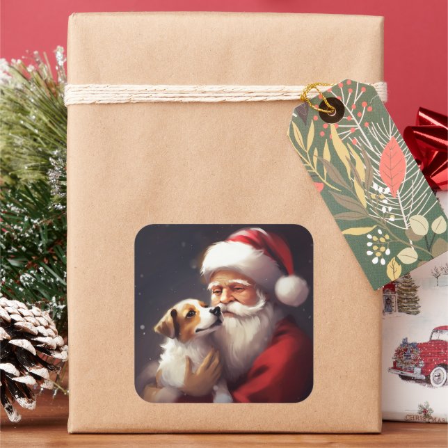 Jack Russell mit Weihnachtsmann Weihnachten Quadratischer Aufkleber (Feiertag)