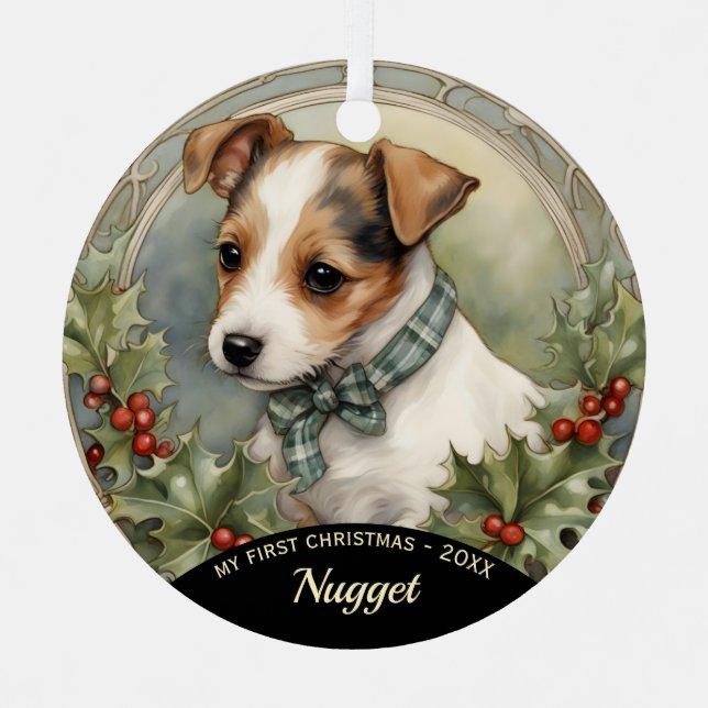 Jack Russell Puppy's First Christmas Ornament Aus Metall (Vorderseite)
