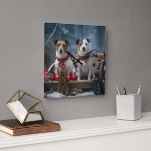Jack Russell Schnees Schlitten Weihnachtsdekoratio Quadratische Wanduhr