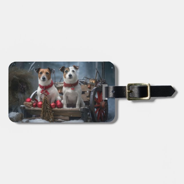 Jack Russell Snowy Sleigh Weihnachtsdekor Gepäckanhänger (Vorderseite horizontal)