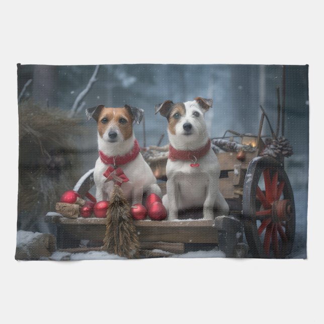 Jack Russell Snowy Sleigh Weihnachtsdekor Geschirrtuch (Horizontal)