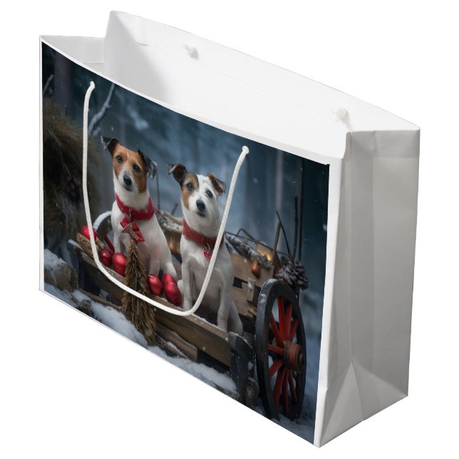 Jack Russell Snowy Sleigh Weihnachtsdekor Große Geschenktüte (Vorderseite Schrägansicht)