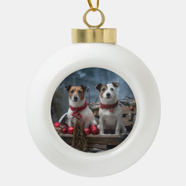 Jack Russell Snowy Sleigh Weihnachtsdekor Keramik Kugel-Ornament (Vorderseite)