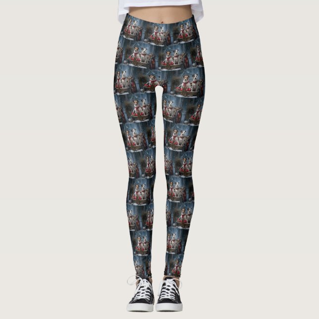 Jack Russell Snowy Sleigh Weihnachtsdekor Leggings (Vorderseite)