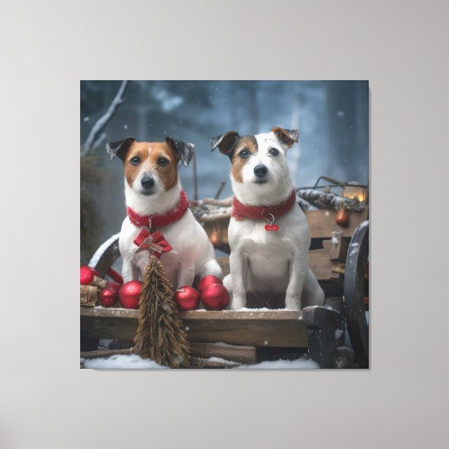 Jack Russell Snowy Sleigh Weihnachtsdekor Leinwanddruck (Vorderseite)