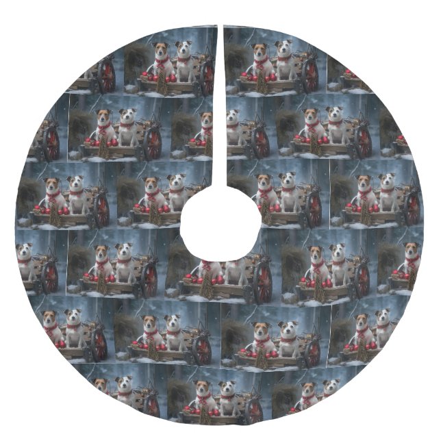 Jack Russell Snowy Sleigh Weihnachtsdekor Polyester Weihnachtsbaumdecke (Vorderseite)