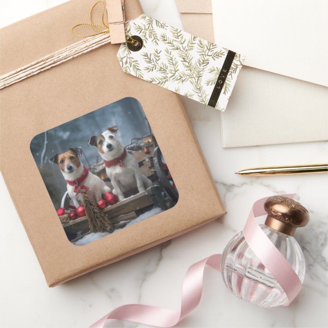 Jack Russell Snowy Sleigh Weihnachtsdekor Quadratischer Aufkleber (Schenken)