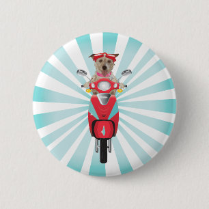 Jack-Russell-Terrier auf rotem Moped Button